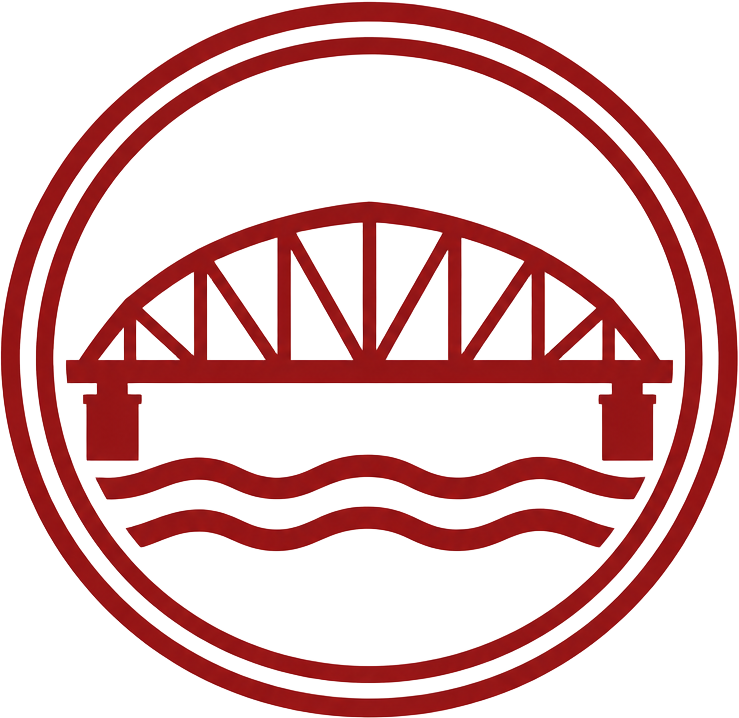 Neil Madison emblem: a bridge over water inside a ring