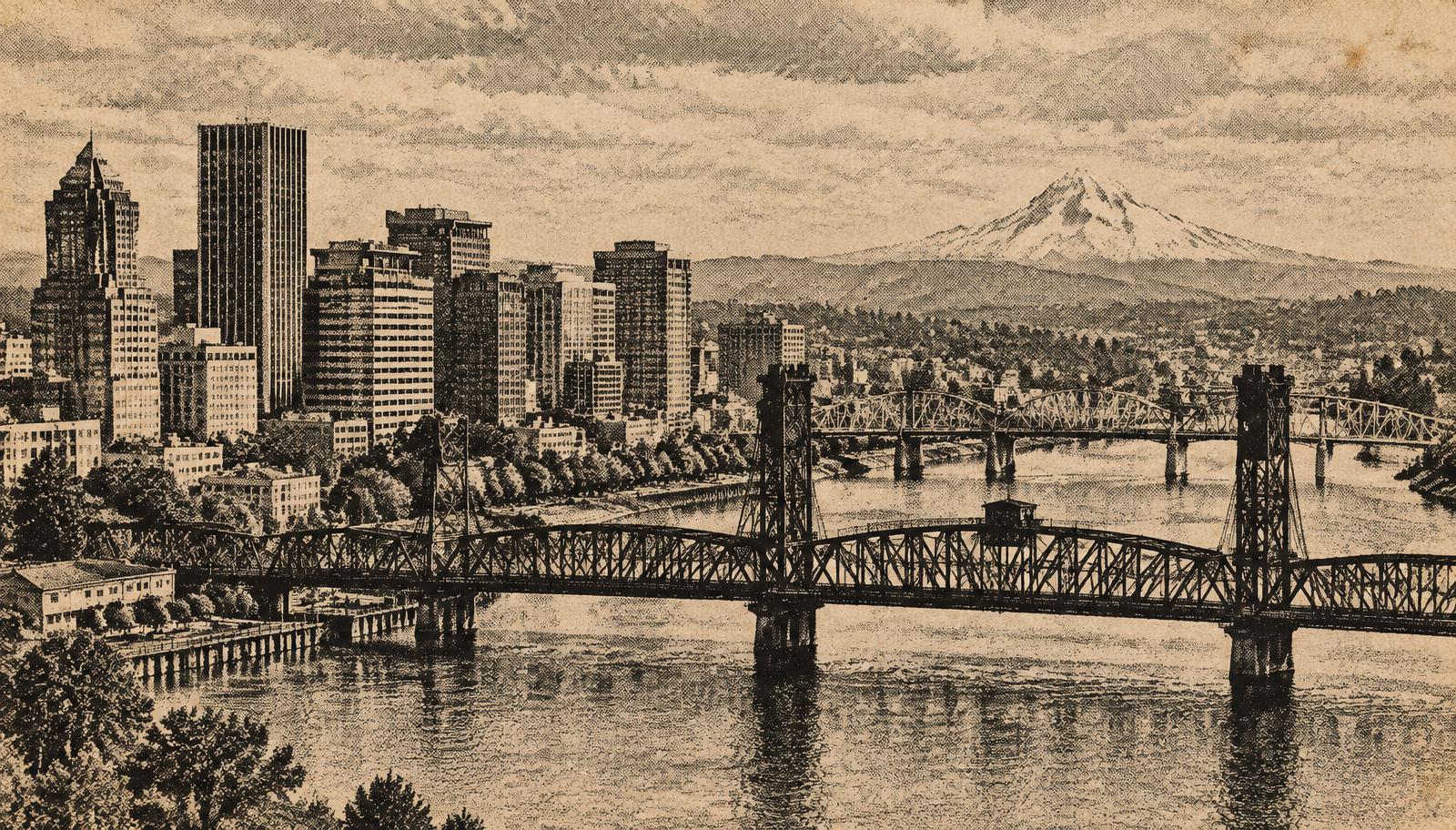 Halftone print of Portland's riverfront: truss bridges, downtown towers, and a snow-capped mountain beyond
